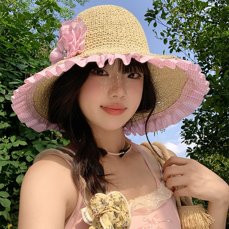 

Korean French Plaid Lace Flower Decoration Straw Hat Women's Summer Big Brim Sun Protection Seaside Vacation Foldable Sun Cap