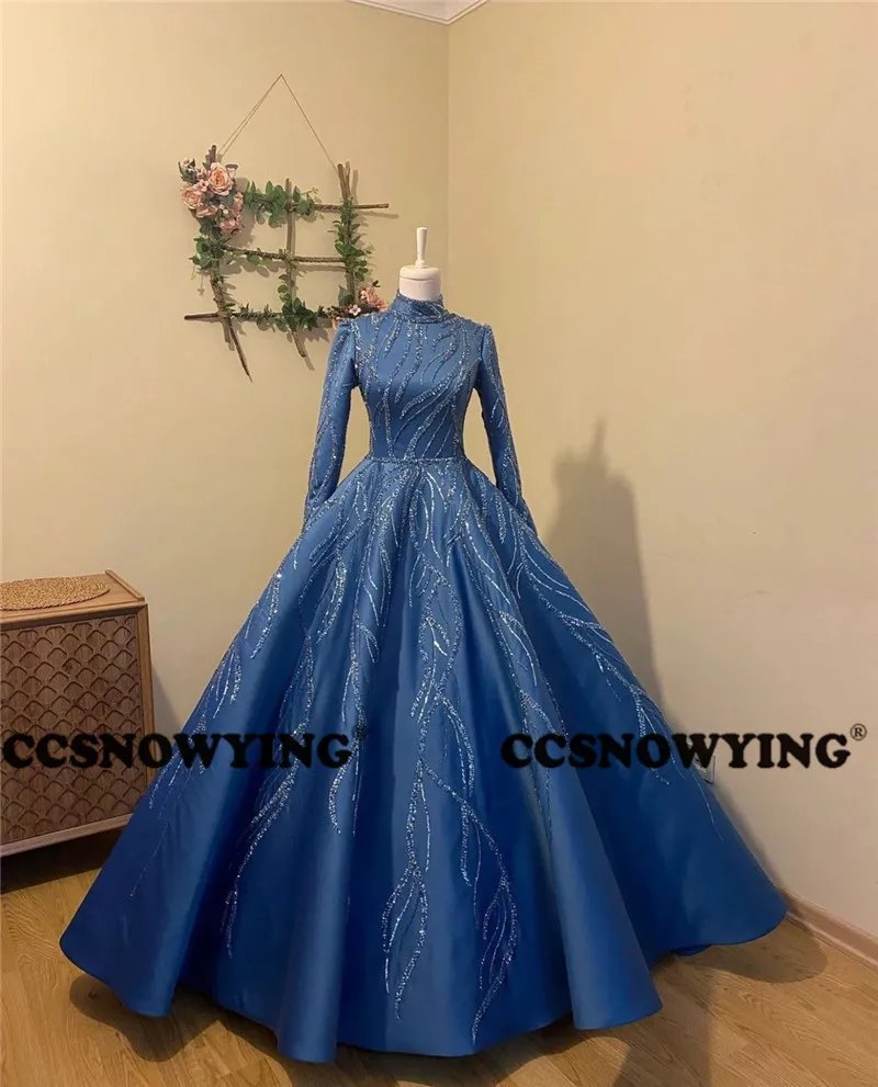 Blue Satin Beaded Long Sleeve Muslim Evening Dresses Hijab Islamic Formal Party Ball Gown Luxury Arabic Kaftan Robes De Soirée