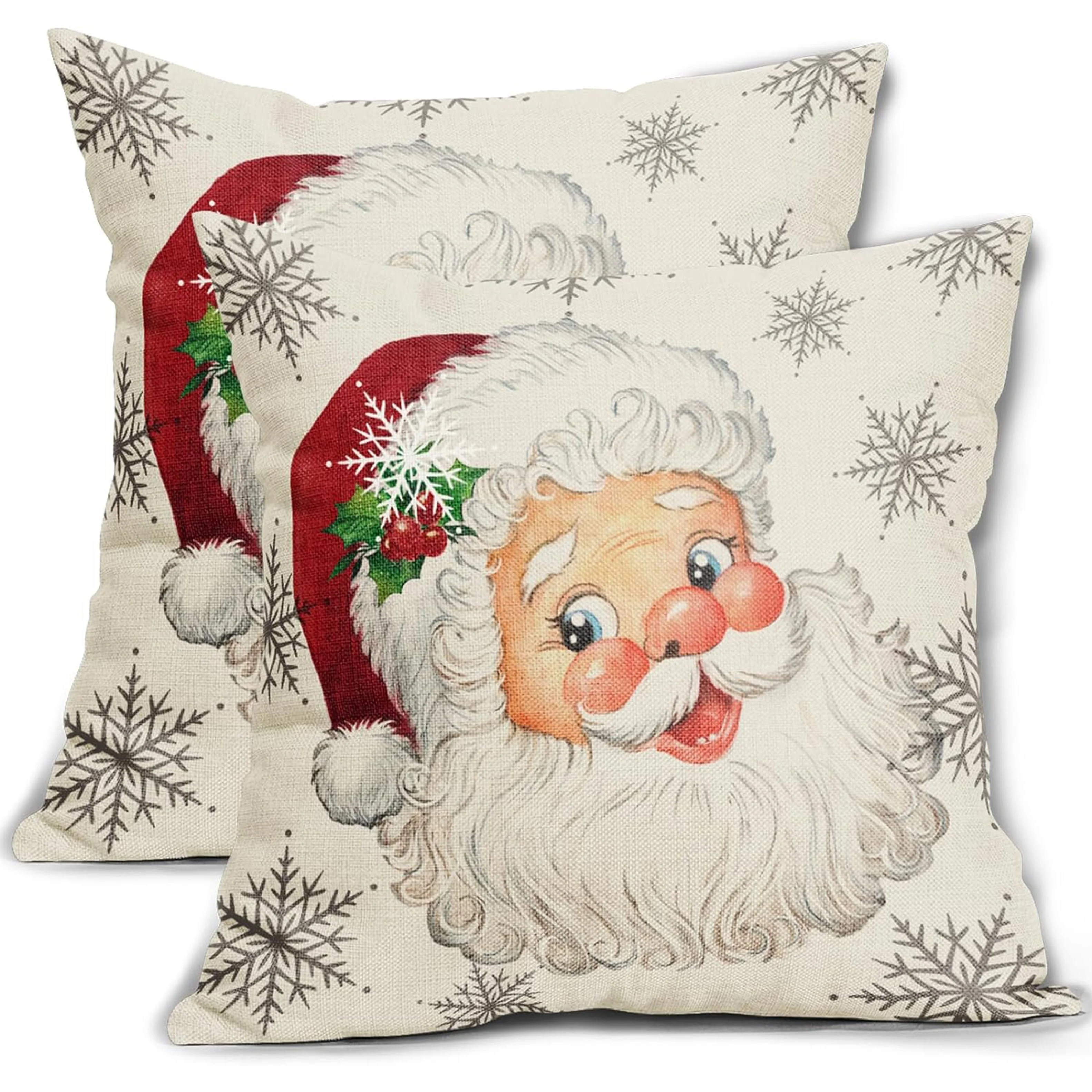 2 PCS Christmas Santa Claus Pillow Covers 16x16 18x18 20x20 Inch Rustic Xmas Snowflakes Print Decorative Outdoor Pillowcases