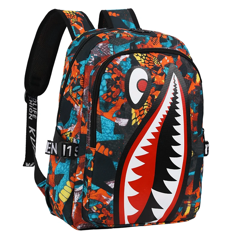 Anime Shark Mouth Printed Backpack Waterproof and Anti theft Schoolbag Personalized Youth Large Capacity Travel Bag USB Charging