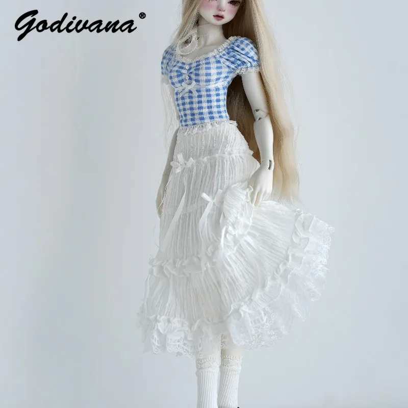 1/4 BJD Doll Lolita Outfit Gingham Puff‑sleeve Slim Top and Ruffle Lace Tiered Long Skirt Sweet Cottage‑style Doll Clothes Set