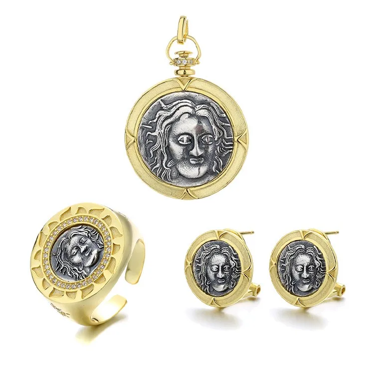 

TYS ZFSILVER S925 Silver Fashion Helios Retro Gold Ancient Coin Sets Earrings Rings Pendants Without Chain Women Wedding Jewelry