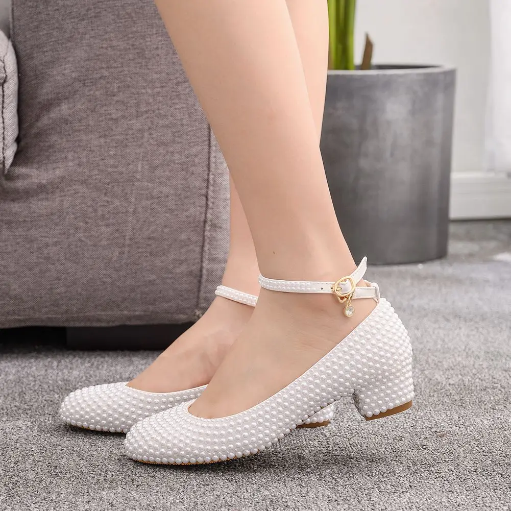 Female Fashion Wedding Shoes Bridesmaid Banquet White Lace Flower Pearl Round Toe Square High Heels Women\'s Bridal Pumps H0083