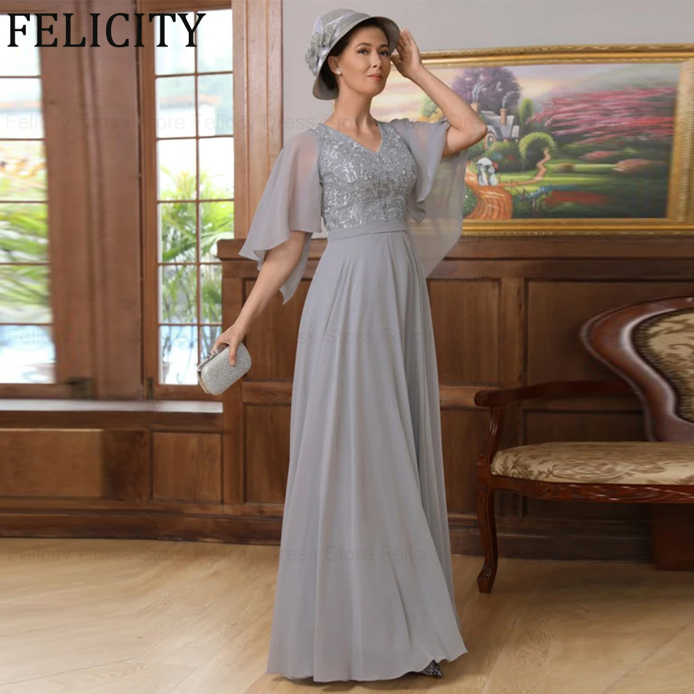 Elegant Wedding Guest Dresses A-Line V-neck Mother of the Bride Dress 2023 Lace Chiffon Pleated Floor-Length Party Evening Gowns