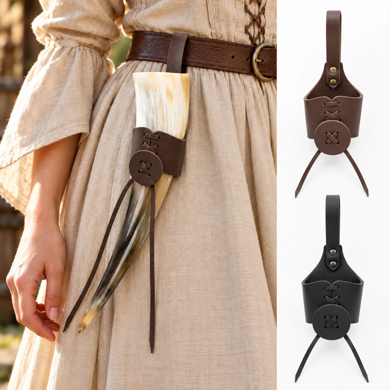 1PC Medieval PU Leather Drinking Horn Holder, Brown or Black Belt Holster with Lace-Up Design and Rivet Details, Viking Pirate R