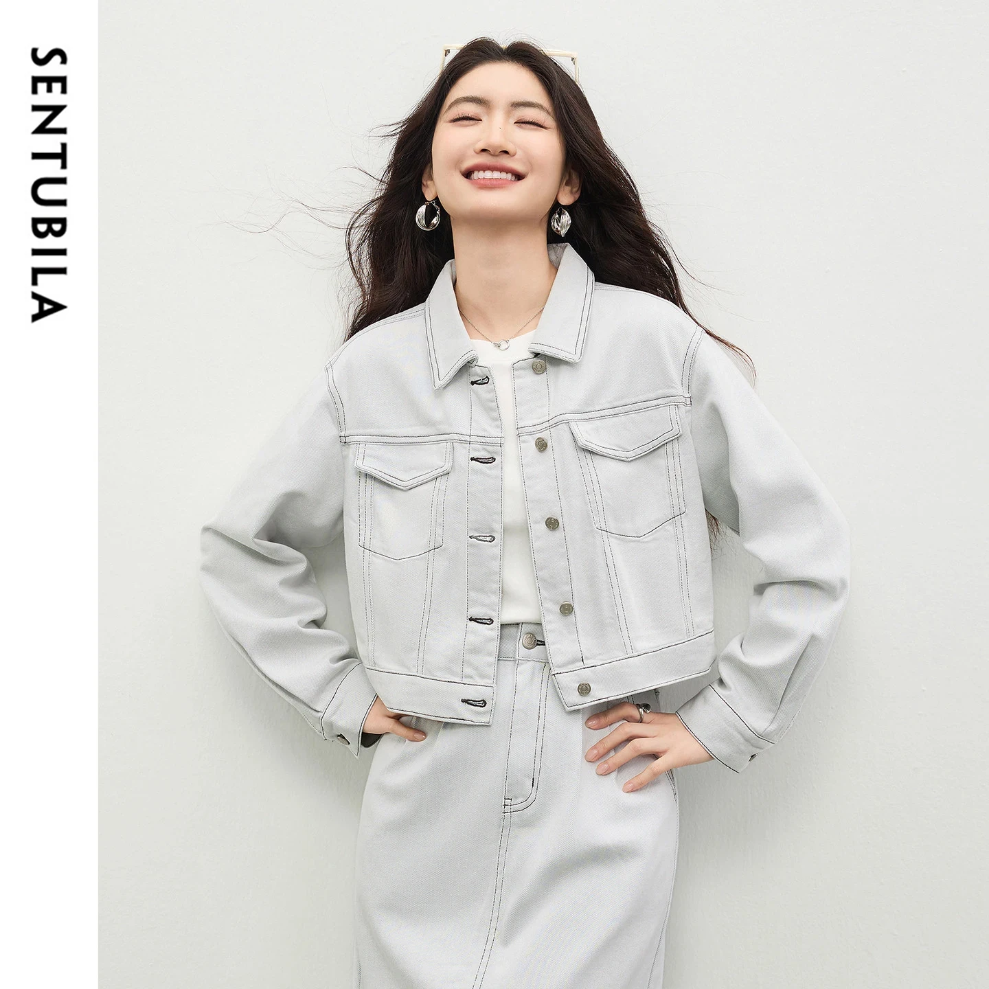 SENTUBILA Lyocell Coats for Women 2026 New Single-breasted  Lapel Collar Short Denim jacket Spring Commute Clothes W61WD6040