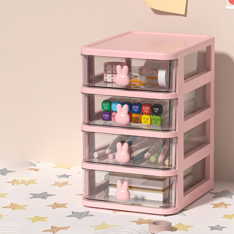 Cartoon Desktop Storage Box Transparent Pink Drawer Desk Plastic Mini Storage Box Rabbit Stationery Makeup Organizer