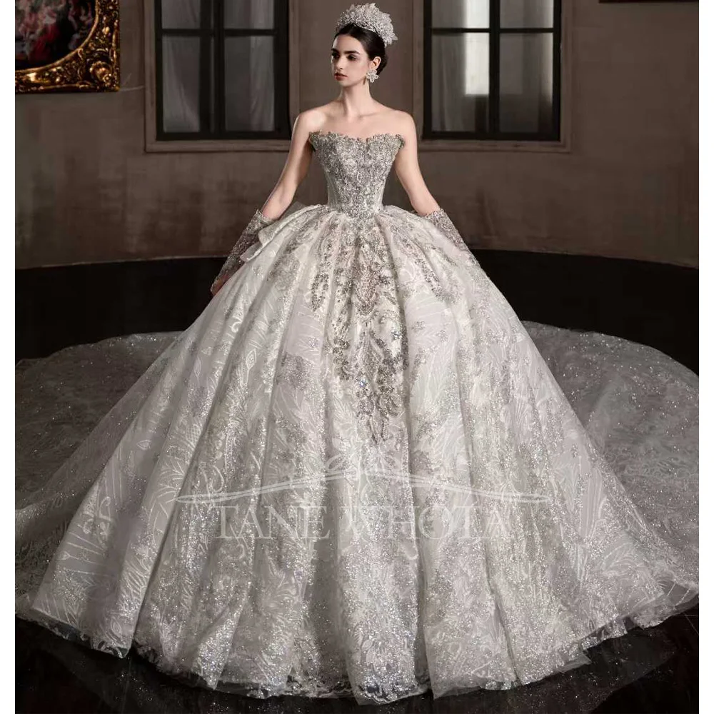 Luxury Off Shoulder Beaded Rhinestones Ball Gown Wedding Dress Sweetheart Customized Crystal Bridal Gown For Brides