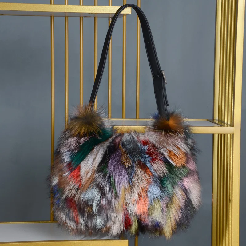 2023 New Fashion Korean Women's Shoulder Bag Luxury Colorful Fox Fur Large Capacity Underarm Bag Casual Fluffy Real Fur Handbag