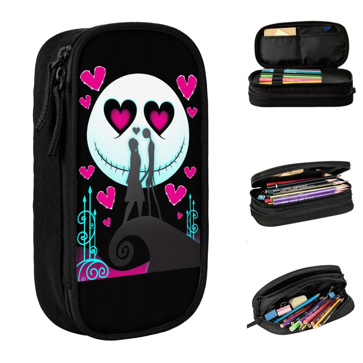 Estuches para lápices de Jack Sally's Love Nightmare Before Christmas, caja de lápices de Halloween de Jack Skellington, bolsas para bolígrafos, papelería para estudiantes