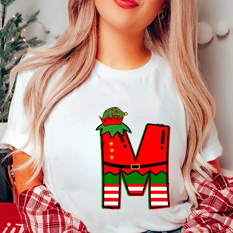 Women’s Christmas Alphabet A-Z Graphic Print T-shirt, Casual Streetwear Tee, Holiday Party Santa Letter Print Female Clothing