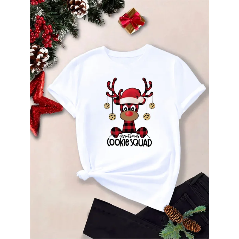Women Christmas Cookie Squad Reindeer Print T‑Shirt Short Sleeve O‑Neck Casual Loose Ladies Holiday Party Daily Tees Tops