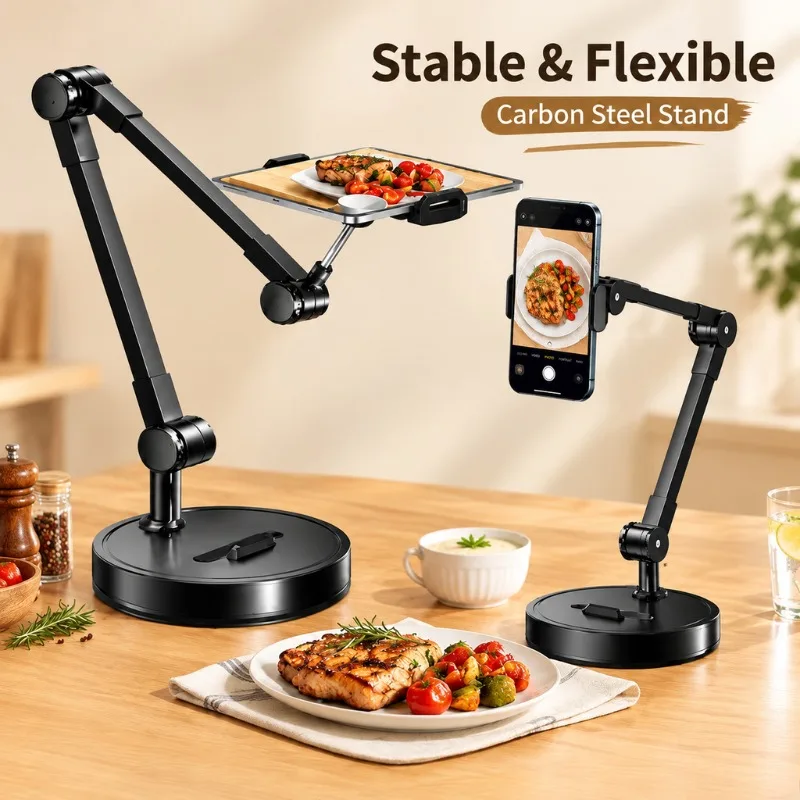 Overhead Phone Holder Carbon Steel Adjustable Bracket for Desktop Live Food Video Recording Unboxing Vlog Selfie Photography