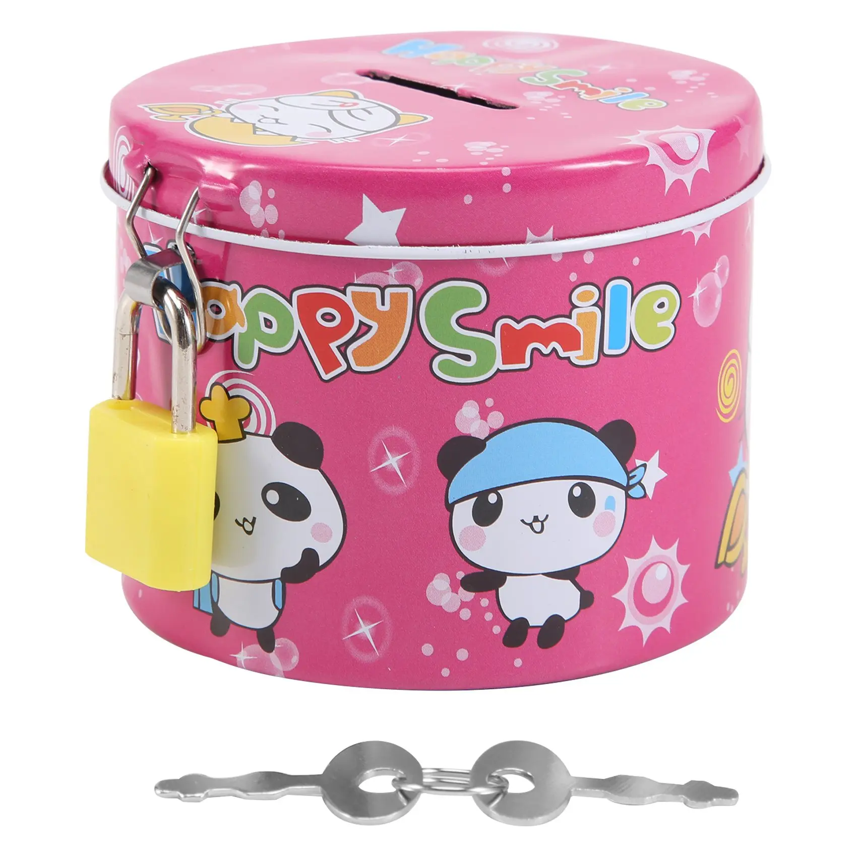 ✼Cylinder Design Cartoon Print Piggy Bank Coin Money Saving Box w Padlock