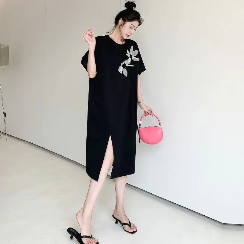 T-shirt da donna con spacco incrociato al ginocchio di media lunghezza Abito lungo Moda estiva Patchwork Chic Abiti floreali a maniche corte