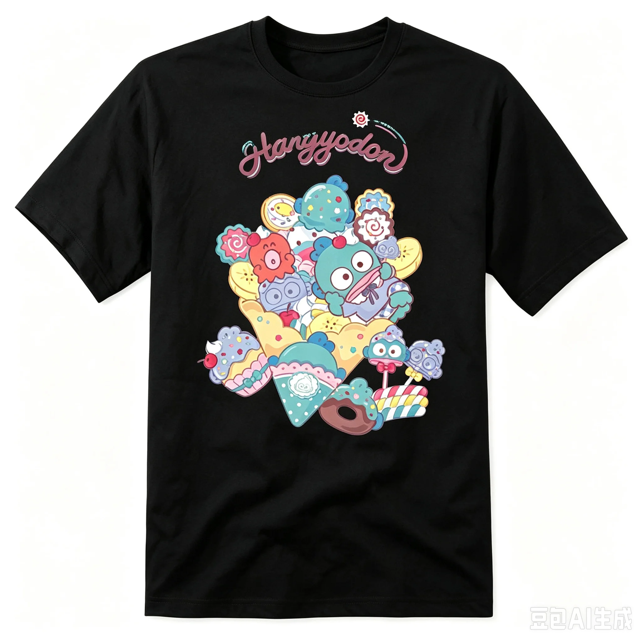 Hangyodon T Shirt Sanrio Cartoon Hangyodon Sweet Dessert Ice Cream Print Short Sleeve Cotton Casual Tees For Women Multiple