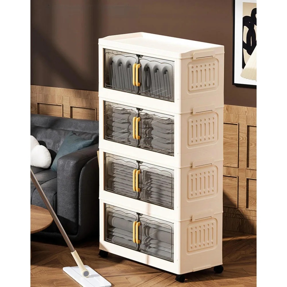 Armario de almacenamiento plegable de 4 niveles, 55 cm de ancho, armario de plástico apilable con ruedas y puertas transparentes. Organizador plegable y versátil, cajón para colocar junto a la cama, ideal para guardar ropa, juguetes, en el dormitorio, la sala de estar o la habitación de un estudiante.