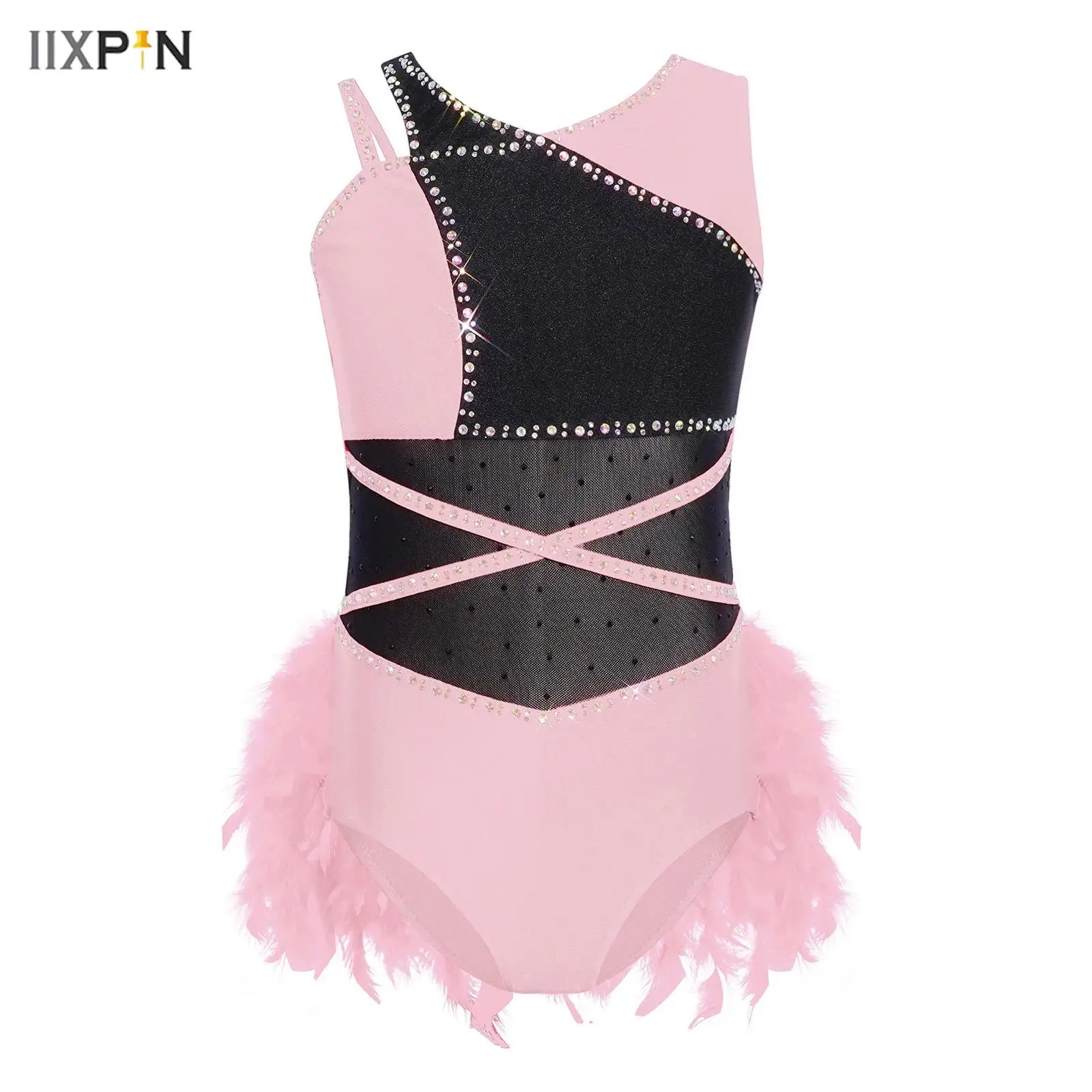 

Kids Girls Jazz Fringed Jumpsuit Sparkly Rhinestone Cha-cha Latin Dance Costume Sleeveless Rumba Tango Feather Leotard Dancewear