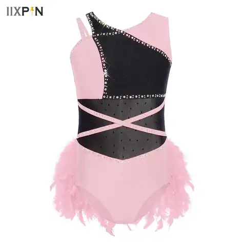 Kids Girls Jazz Fringed Jumpsuit Sparkly Rhinestone Cha-cha Latin Dance Costume Sleeveless Rumba Tango Feather Leotard Dancewear
