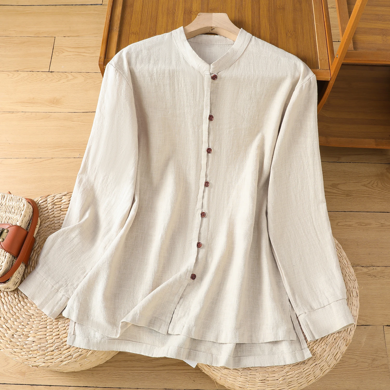 

Женская базовая однотонная бежево-белая хлопковая рубашка в винтажном китайском стиле, весна-лето, с длинным рукавом, блузка-кардиган на пуговицах, топ-накидка