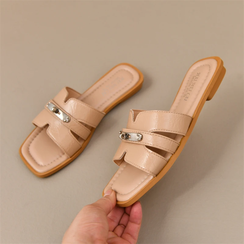 2025 Summer New Flat Slippers Outdoor Leisure Open-toe Beach Women's Sandals Fashion Shallow-mouth Hollow Slippers Zapatos