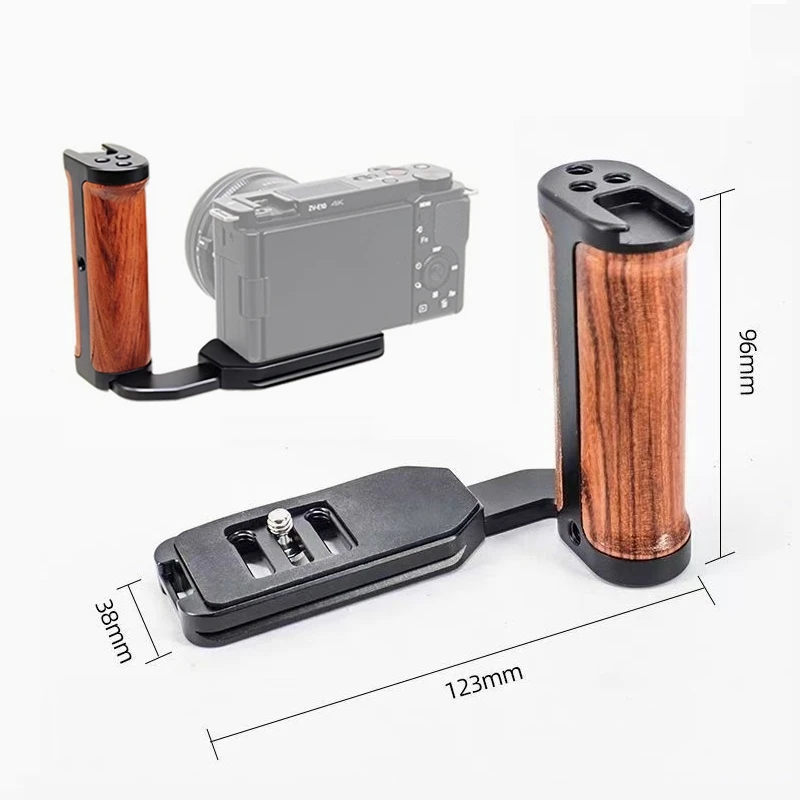 Lightweight Handgrip L-Shape Grip for Camera, Ergonomic Wooden Side Handle, w Quick Release Plate &Cold Shoe &1/4'' Screw Holes