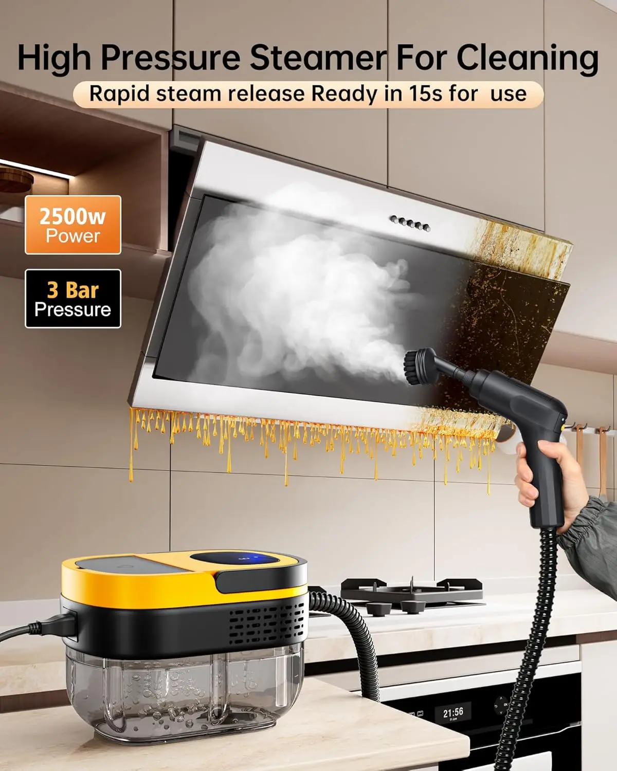 2500W スチームクリーナー、1.69クォートの大型タンク、イエロー – 家庭、車、キッチン、キャンプ用