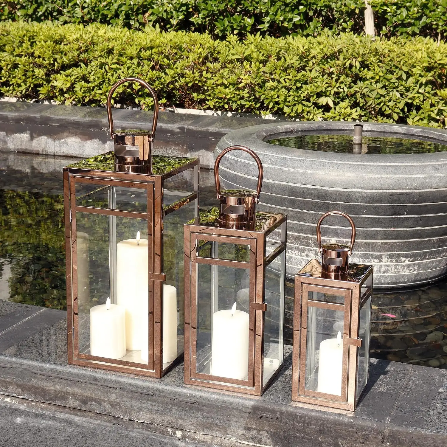 Set of 3 Stainless Steel Candle Lantern 19/15/12'' High Metal Candle Holder with Tempered Glass Panels Perfect for Home Decor