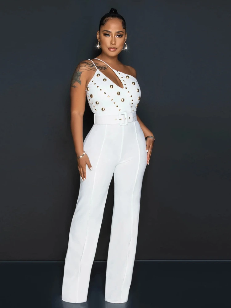 

Solid Color Sexy Backless Patchwork Rhinestone Tight Fitting Wide Leg Jumpsuit for Women's Elegant Nightclub Birthday Jumpsuit