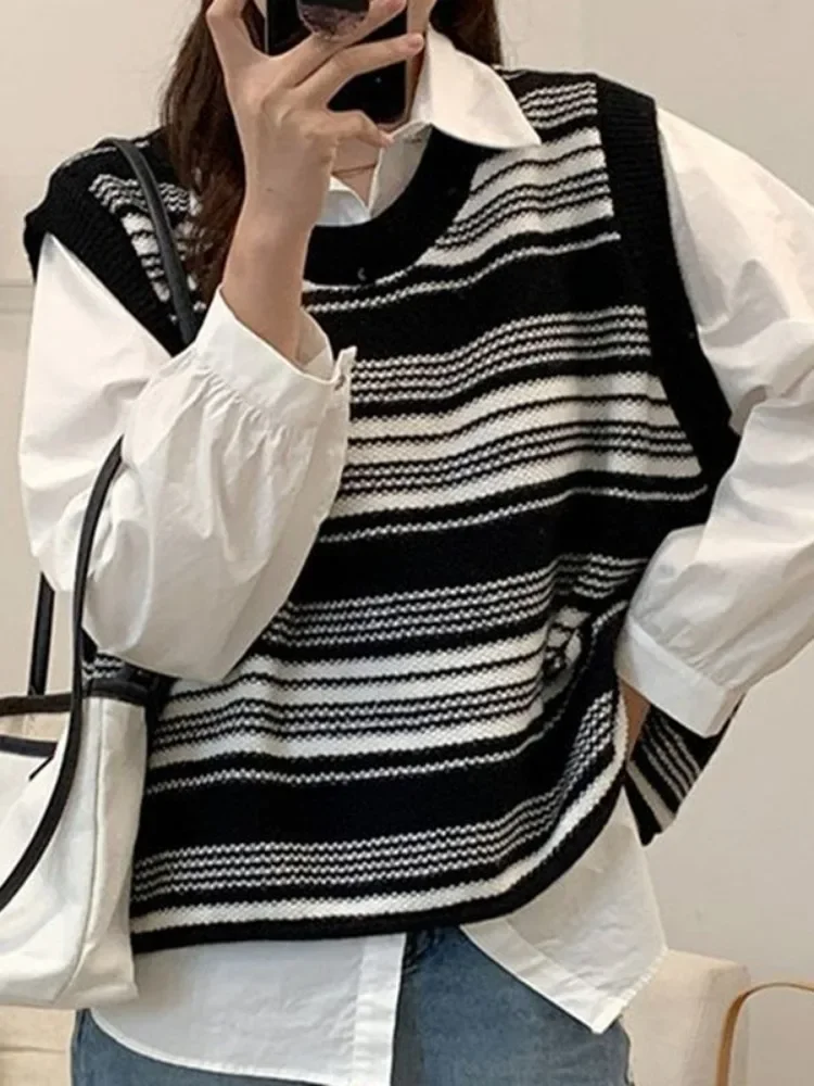 

Свитер без рукавов, жилет, повседневные винтажные пуловеры с v-образным вырезом Y2k, эстетичная женская уличная одежда, полосатый трикотаж, свитер, жилет