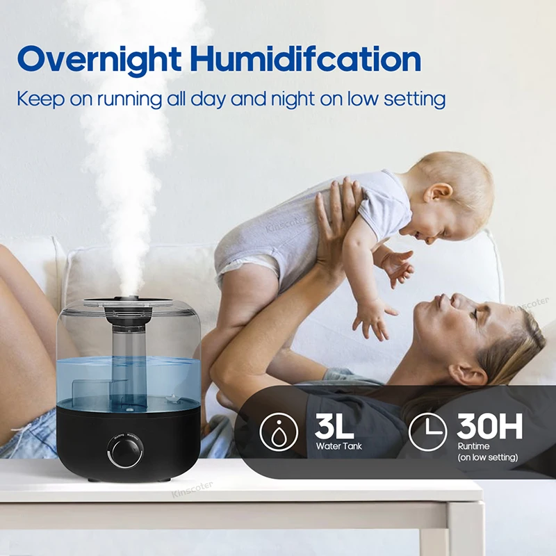 KINSCOTER Air Humidifier Wall Plug 220V 110V Electric Humidifier Large Mist Volume 3L Aroma Diffuser Remote Control Timer