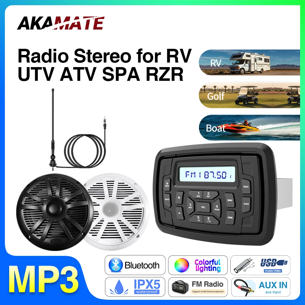 

AKAMATE для автомагнитолы, MP3-медиаплеер, стерео лодочное радио FM AM, водонепроницаемый Bluetooth USB AUX EQ, приемник для RV UTV ATV SPA