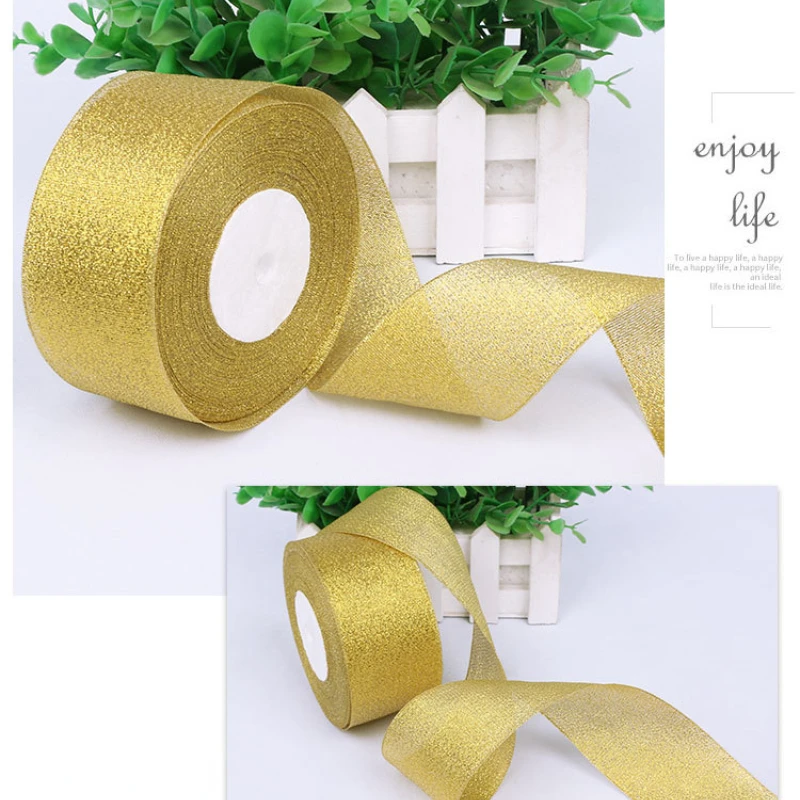 25 Yards/Roll Gold/Silver Organza Ribbon Width 0.6cm-5cm DIY Handicraft Accessories Tapes Wedding Supplies Cake Gift Decoration