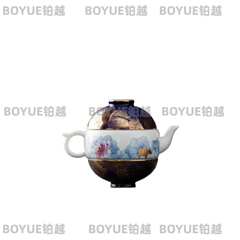 for Dujing Mountain House National Color Liuxiang Hand Painted Blue and White Gold One Pot Two Cups Travel Tea Set High-end