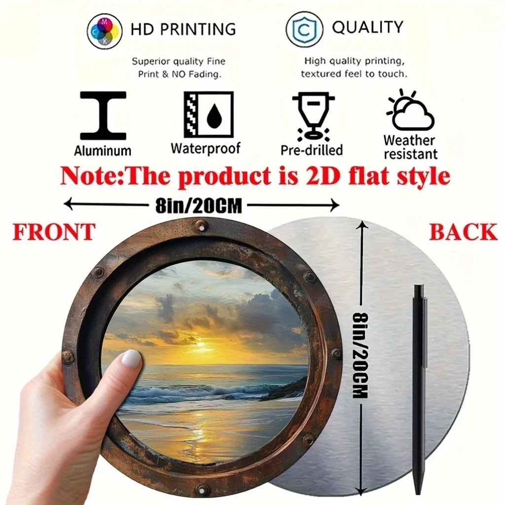 Vintage Ship Porthole Sunset Beach Sea View Round Tin Sign, 1pc 2D Flat Nautical Illusion Metal Wall Plaque, 20cm Coastal Home D