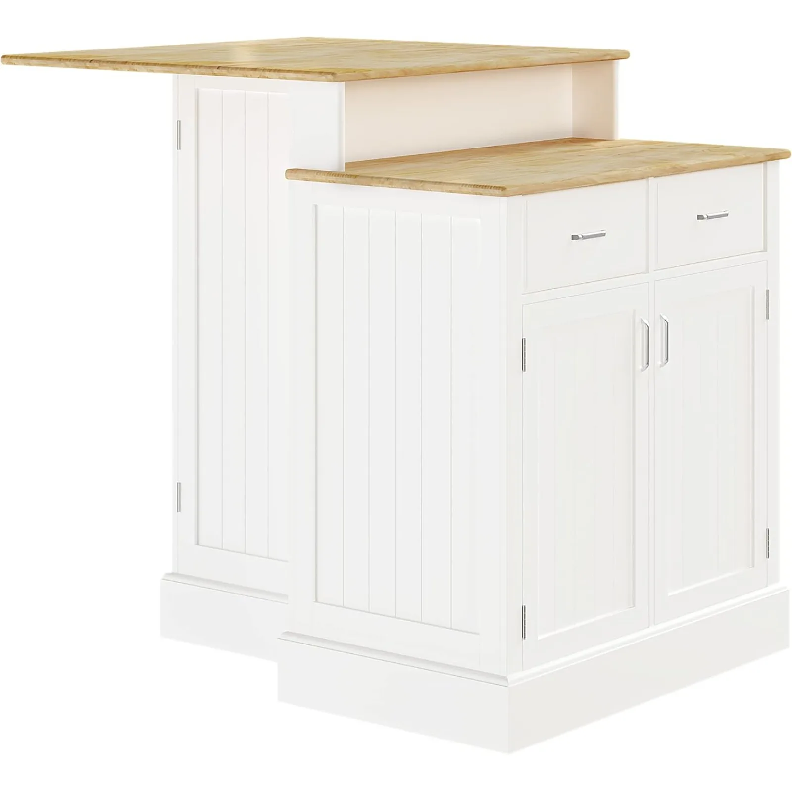 US Kitchen Island with Storage Cabinet and 2-Level Rubber Wood Tabletop, Island Table with Adjustable Shelves and