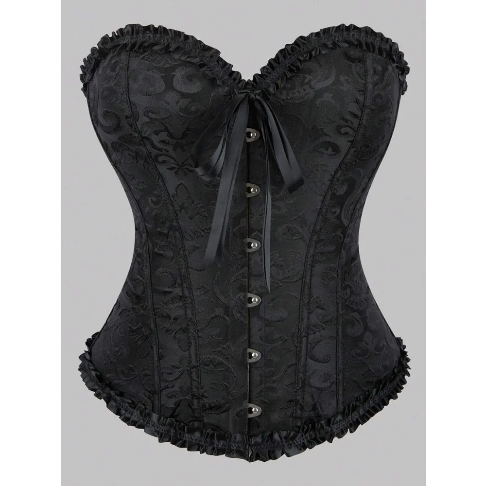 

Women's Vintage Bustier Corset, Solid Color Jacquard Lace Trim Back Lacing Waist Trainer, Abdomen Support for Party