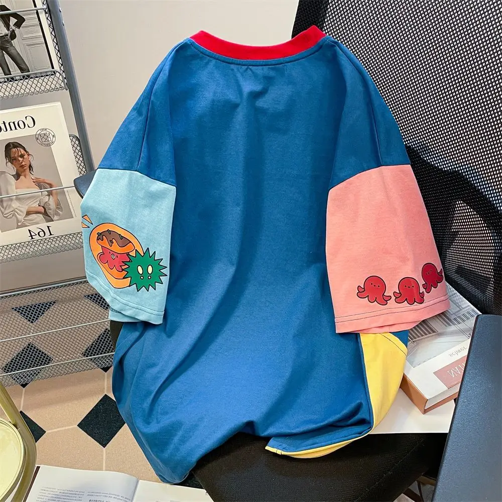 Japanese Harajuku Sweet Women Vintage Cartoon Print Short Sleeve T-shirt Summer Patchwork Tees Y2k Tops Aesthetics Clothes Chic