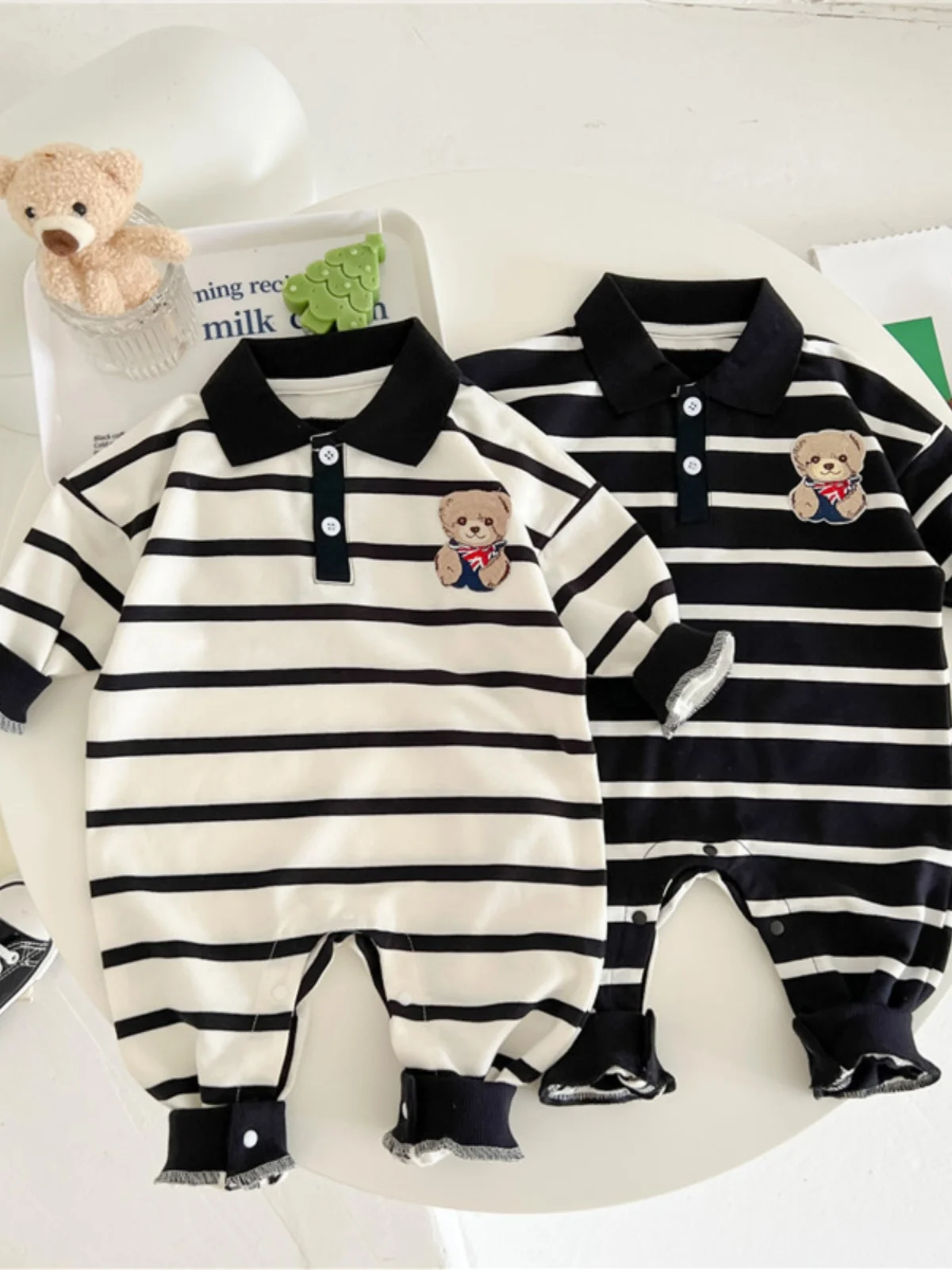 

Korean Sle Baby Clothes Spring Autumn Long Sve Suit for Boys with Gentleman Collar Outdoor Bear Stripe Harborside Outfit