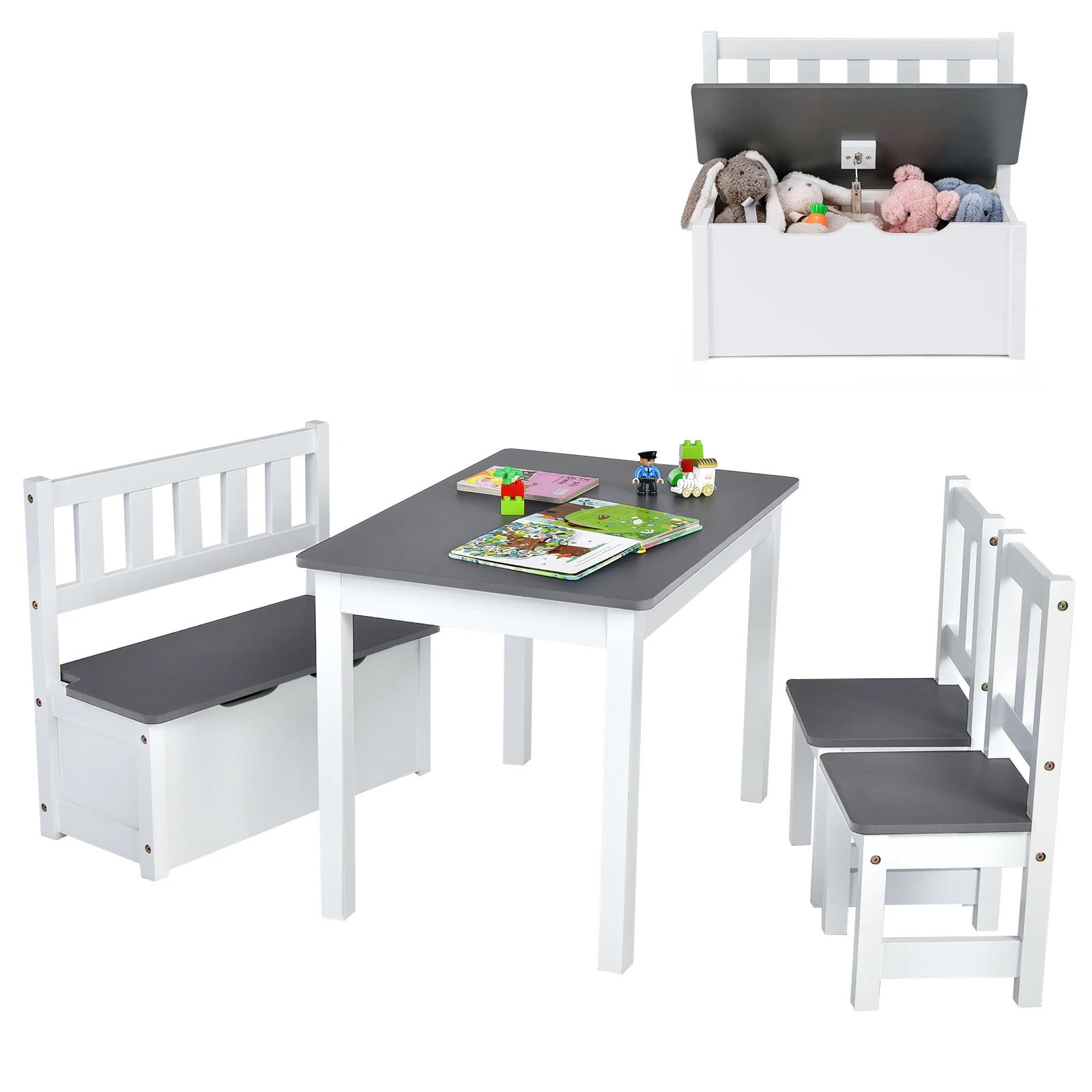 4-delige kinderzitset, kindertafel met 2 stoelen, bank met opbergruimte, ruimtebesparend kindermeubilair