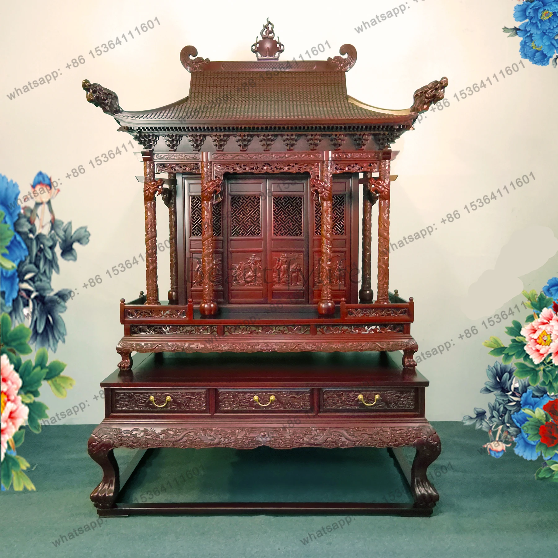 Log tenon and mortise carved solid flower pear mahogany shrine shrine shrine God of Wealth Guan Gong household cabinet