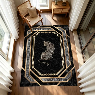 Luxurious Gold Chain Leopard Print Carpet with Greek Key Pattern Border, Non-Slip Decorative Carpet for Living Room Use