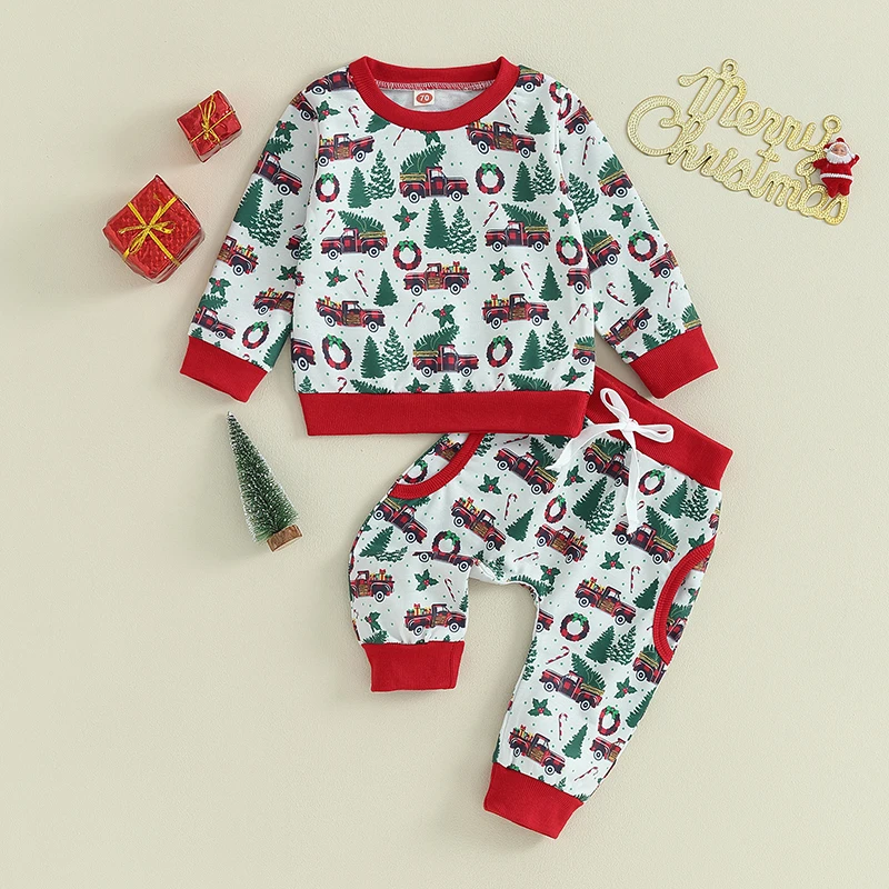 

2023-09-05 Lioraitiin 0-3Y Toddler Baby Girls Outfit Christmas Car Print Long Sleeve Sweatshirt + Elastic Pants Set Fall Clothes