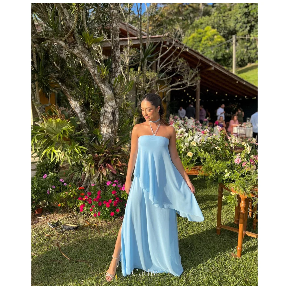 

Cathy Customized Blue Halter Neck Tiered Ruffle Prom Dress Column Sleeveless vestidos de noiva Asymmetrical Formal Evening 2025