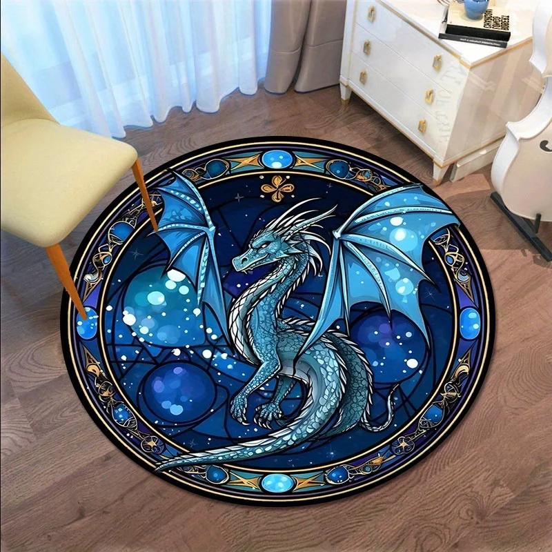 Mystical Blue Dragon Round Rug, Intricate Celestial Pattern Indoor Outdoor Carpet for Camping Porch Balcony RV Durable Mat