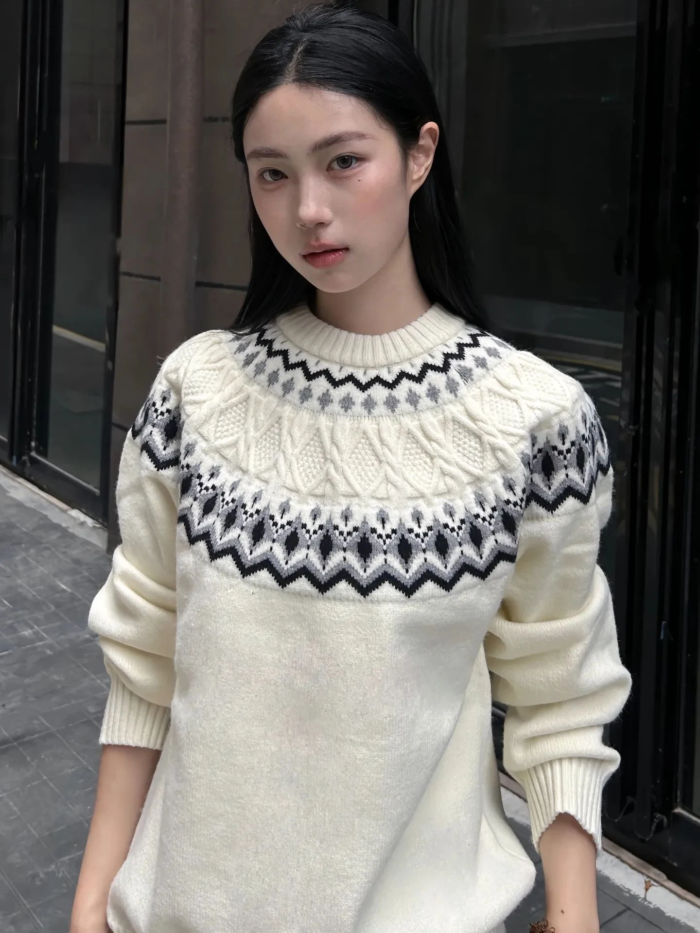 

Мужской вязаный свитер Mibei Color Fair Isle с американской ретро-вышивкой, длинным рукавом и круглым вырезом, базовая верхняя одежда