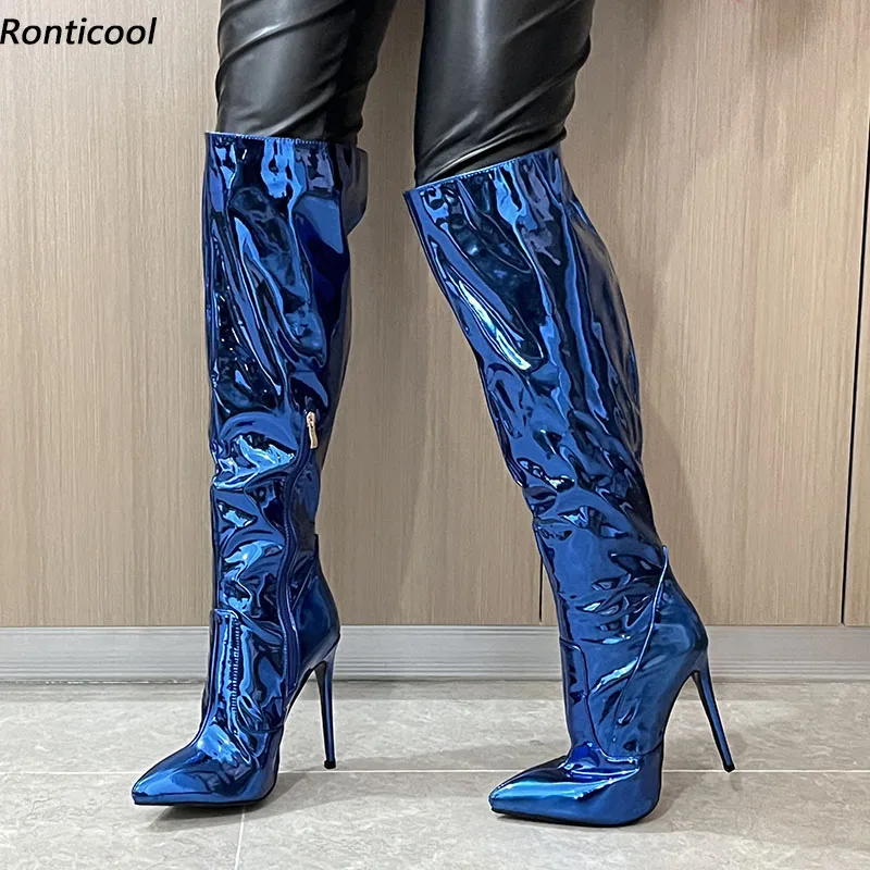 

Ronticool Handmade Women Winter Knee High Side Zipper Stiletto High Heels Pointed Toe Blue Dress Shoes Ladies Plus US Size 5-15