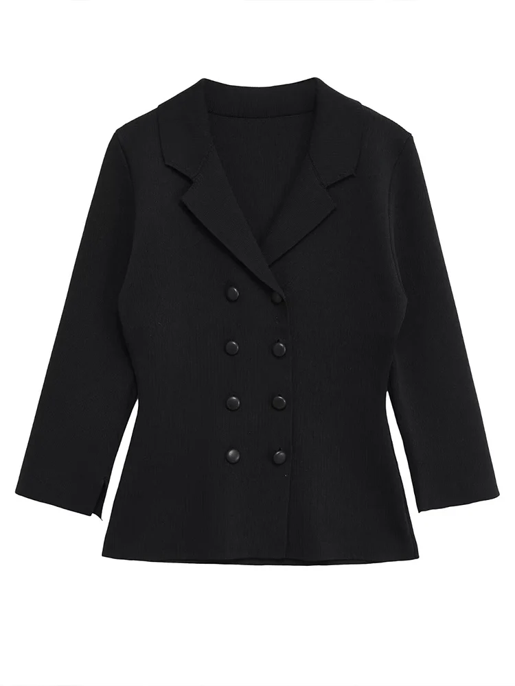 

Новая женская модная универсальная вязаная куртка в европейском стиле, однотонная, с рукавом три четверти, на двубортной застежке