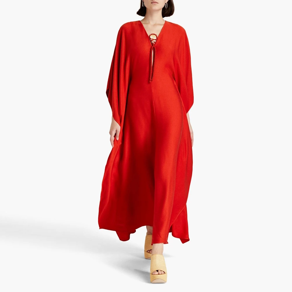 Muloong Red V Neck Maxi Dress Ankle Length Classic Evening Dress 2023 Backless Cape Sleeves Saudi Aribia Party Dress for Women