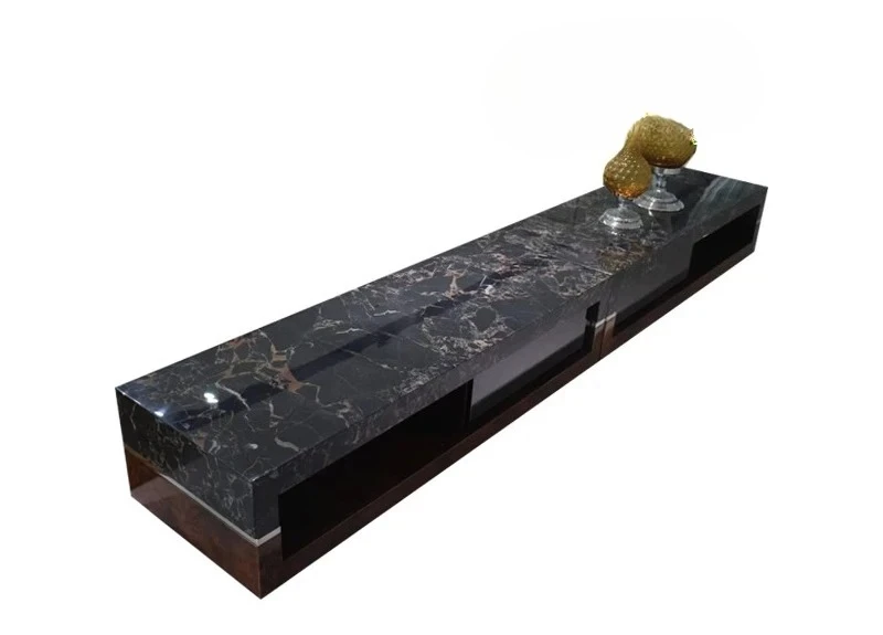 

Natural travertine marble black gold flower TV cabinet coffee table combination simple modern villa furniture can be customized